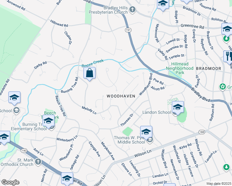 map of restaurants, bars, coffee shops, grocery stores, and more near 8402 Thornden Terrace in Bethesda