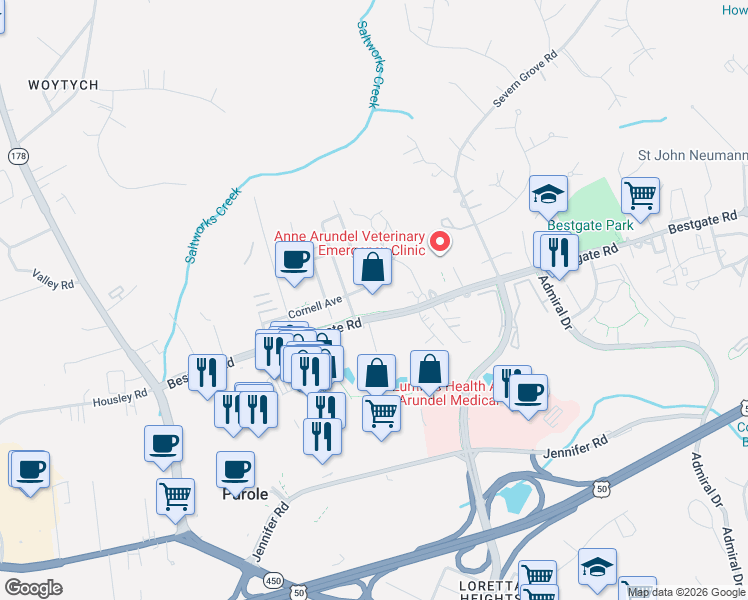 map of restaurants, bars, coffee shops, grocery stores, and more near 820 Bestgate Road in Annapolis