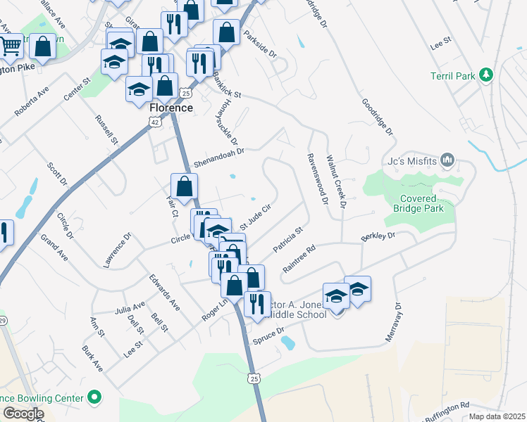 map of restaurants, bars, coffee shops, grocery stores, and more near Saint Jude Circle in Florence