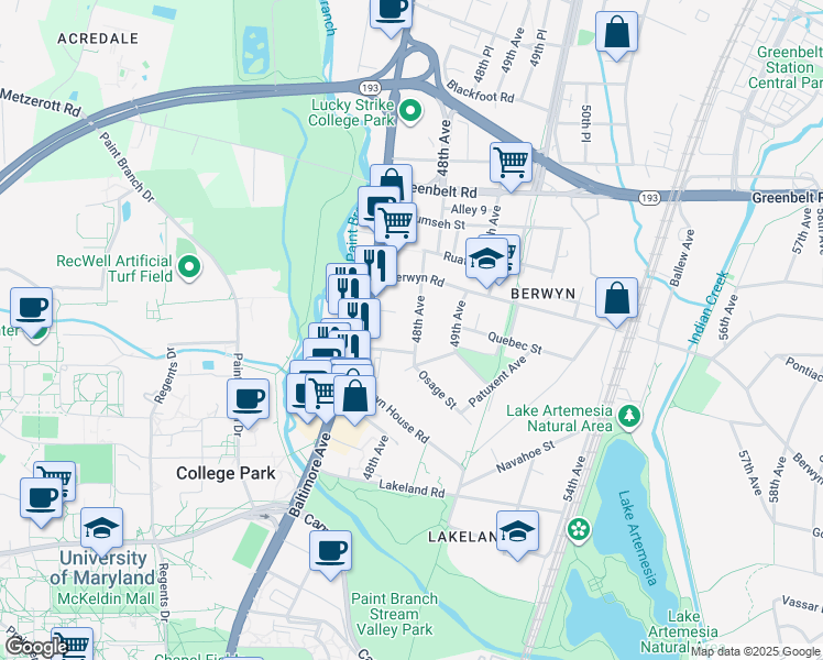 map of restaurants, bars, coffee shops, grocery stores, and more near 8408 48th Avenue in College Park