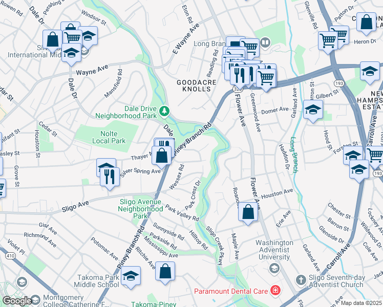map of restaurants, bars, coffee shops, grocery stores, and more near 8406 Park Crest Drive in Silver Spring