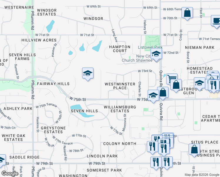 map of restaurants, bars, coffee shops, grocery stores, and more near 12510 West 74th Terrace in Shawnee