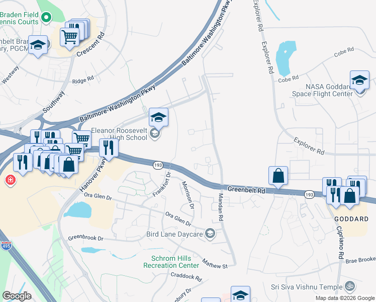 map of restaurants, bars, coffee shops, grocery stores, and more near 7566 Mandan Rd in Greenbelt