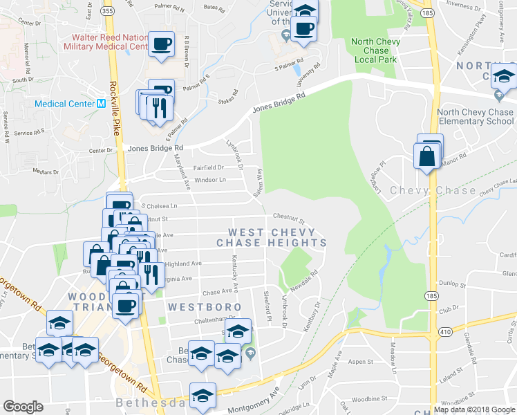 map of restaurants, bars, coffee shops, grocery stores, and more near 8406 Lynbrook Dr in Bethesda