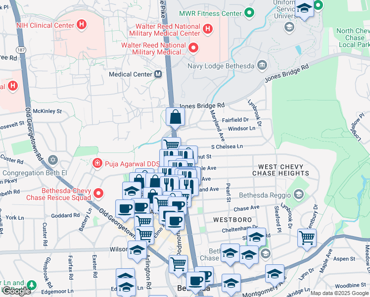map of restaurants, bars, coffee shops, grocery stores, and more near 4724 South Chelsea Lane in Bethesda