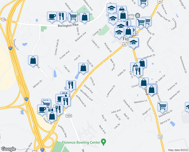 map of restaurants, bars, coffee shops, grocery stores, and more near 96 Circle Drive in Florence