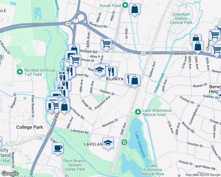 map of restaurants, bars, coffee shops, grocery stores, and more near 5019 Berwyn Road in College Park