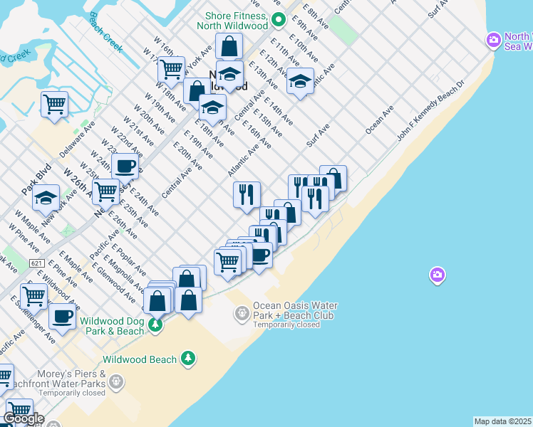 map of restaurants, bars, coffee shops, grocery stores, and more near 408 East 19th Avenue in North Wildwood