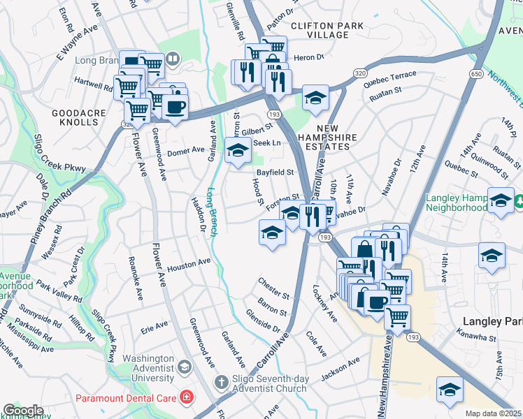 map of restaurants, bars, coffee shops, grocery stores, and more near 718 Forston Street in Takoma Park
