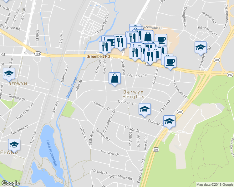 map of restaurants, bars, coffee shops, grocery stores, and more near 5811 Ruatan Street in Berwyn Heights