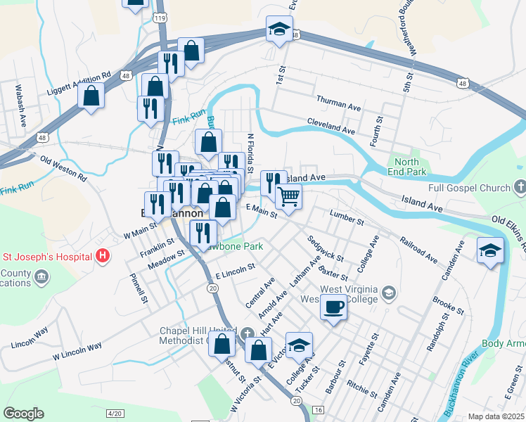 map of restaurants, bars, coffee shops, grocery stores, and more near 81 E Main St in Buckhannon