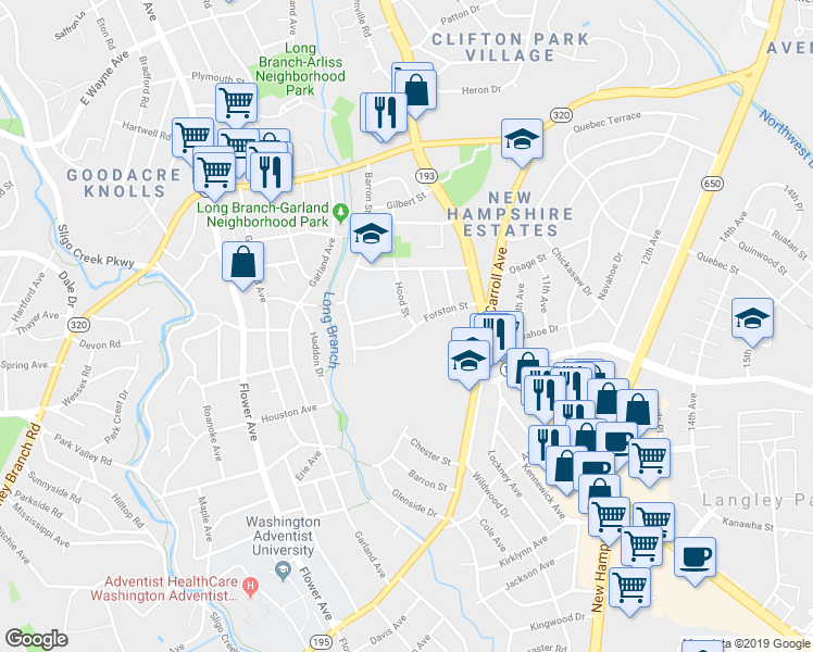 map of restaurants, bars, coffee shops, grocery stores, and more near 718 Forston Street in Takoma Park