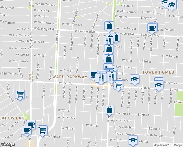 map of restaurants, bars, coffee shops, grocery stores, and more near 615 West 74th Street in Kansas City