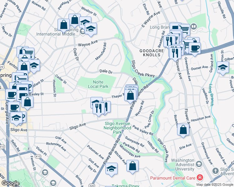 map of restaurants, bars, coffee shops, grocery stores, and more near 8300 Hartford Avenue in Silver Spring