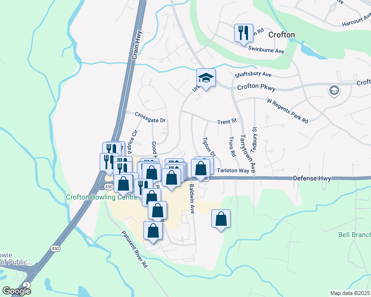 map of restaurants, bars, coffee shops, grocery stores, and more near 1723 Gabriel Court in Crofton
