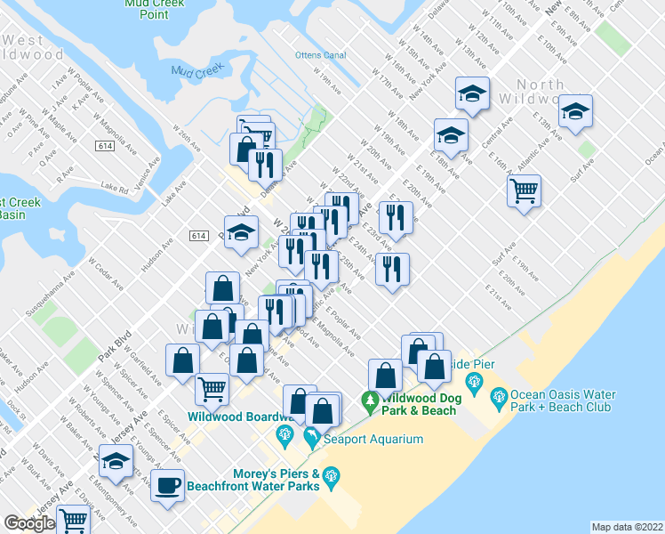 map of restaurants, bars, coffee shops, grocery stores, and more near 111 East 26th Avenue in North Wildwood