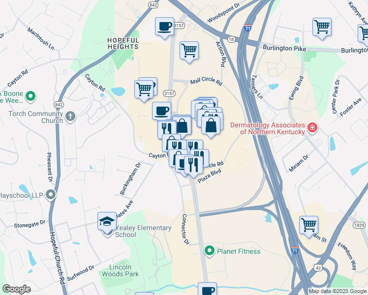 map of restaurants, bars, coffee shops, grocery stores, and more near 3000 Mall Circle Road in Florence