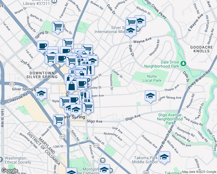 map of restaurants, bars, coffee shops, grocery stores, and more near Easley Street in Silver Spring