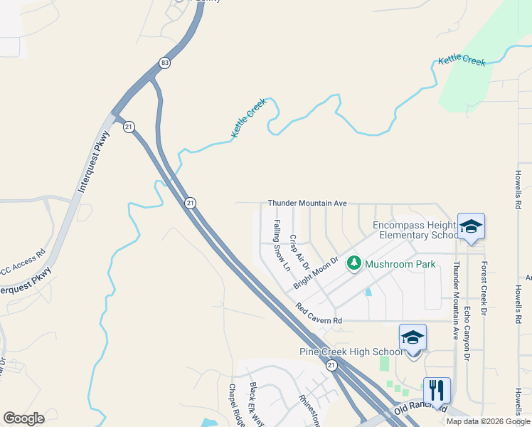 map of restaurants, bars, coffee shops, grocery stores, and more near 3210 Red Cavern Road in Colorado Springs