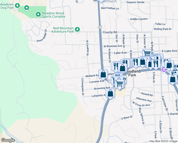 map of restaurants, bars, coffee shops, grocery stores, and more near 103 Coraline Street in Woodland Park