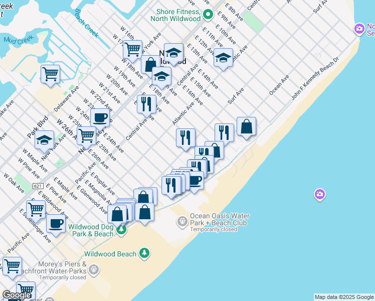 map of restaurants, bars, coffee shops, grocery stores, and more near 2002 Surf Avenue in North Wildwood