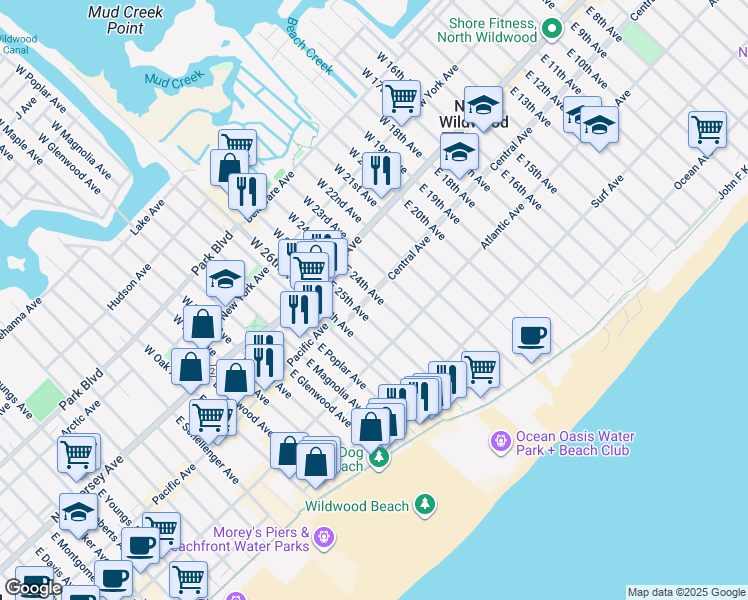 map of restaurants, bars, coffee shops, grocery stores, and more near 2410 Central Avenue in North Wildwood