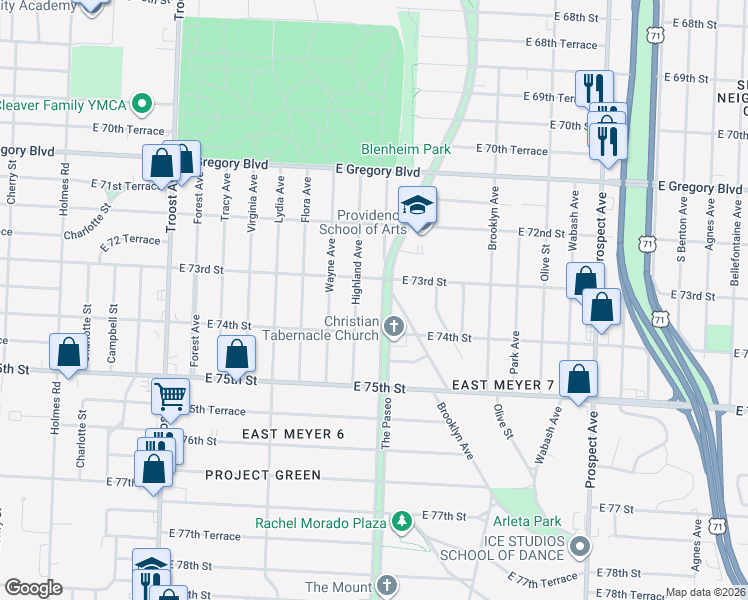 map of restaurants, bars, coffee shops, grocery stores, and more near 7309 The Paseo in Kansas City
