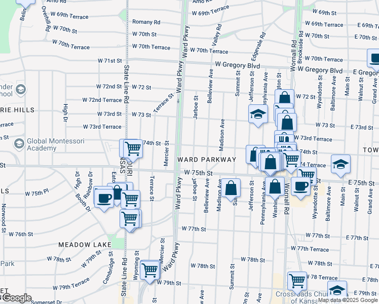 map of restaurants, bars, coffee shops, grocery stores, and more near 7411 Jarboe Street in Kansas City