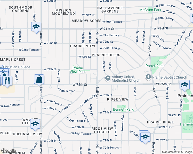 map of restaurants, bars, coffee shops, grocery stores, and more near 5408 Tomahawk Road in Prairie Village
