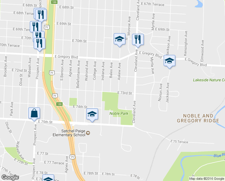 map of restaurants, bars, coffee shops, grocery stores, and more near 7235 Bales Avenue in Kansas City