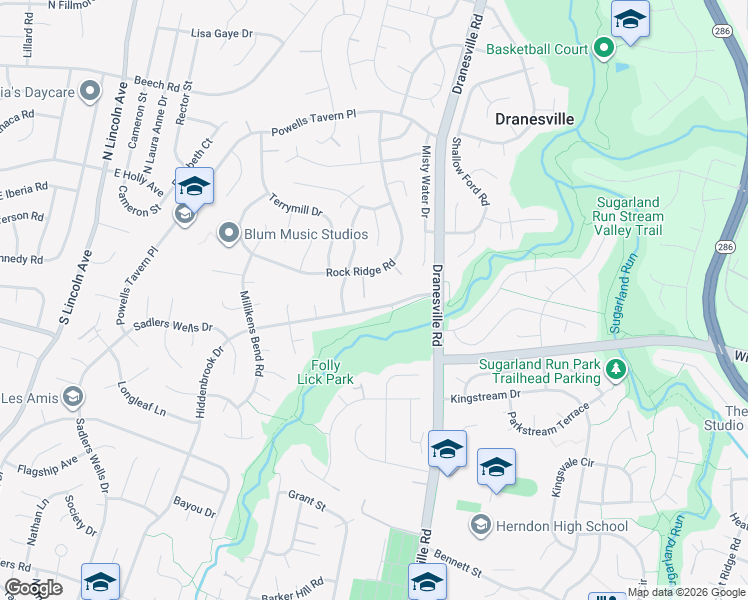 map of restaurants, bars, coffee shops, grocery stores, and more near 12555 Rock Ridge Road in Herndon
