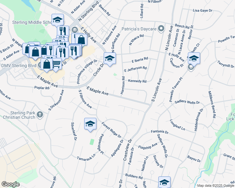 map of restaurants, bars, coffee shops, grocery stores, and more near 1107 East Maple Avenue in Sterling