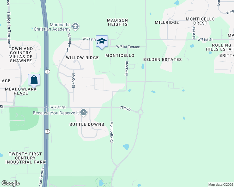 map of restaurants, bars, coffee shops, grocery stores, and more near 22207 West 74th Street in Shawnee
