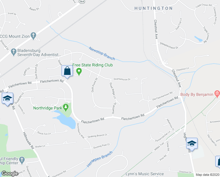 map of restaurants, bars, coffee shops, grocery stores, and more near 7424 Quail Ridge Lane in Bowie