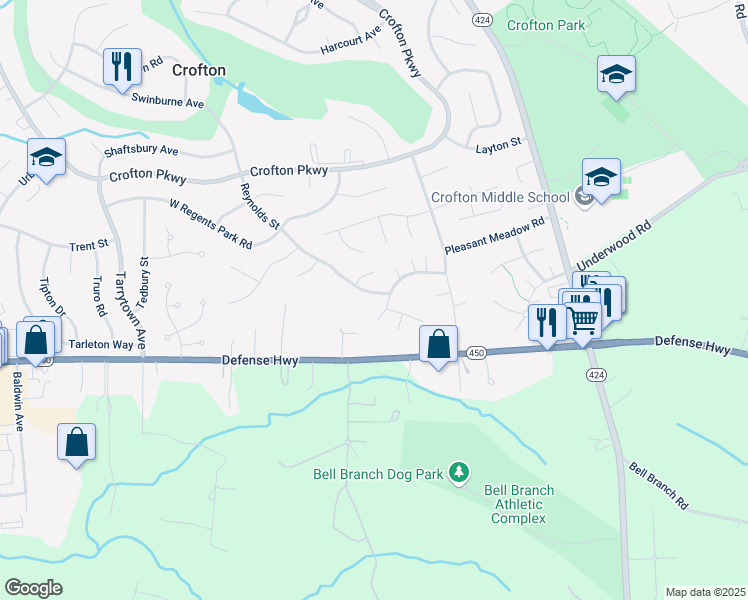 map of restaurants, bars, coffee shops, grocery stores, and more near 1705 Reynolds Street in Crofton