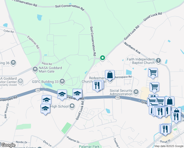 map of restaurants, bars, coffee shops, grocery stores, and more near 9973 Good Luck Road in Lanham