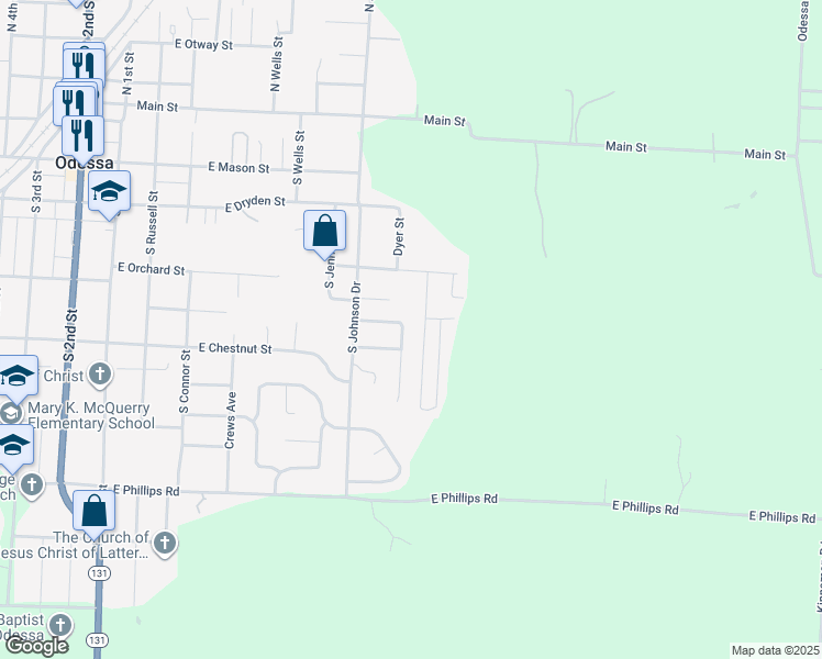 map of restaurants, bars, coffee shops, grocery stores, and more near 504 Dyer Street in Odessa