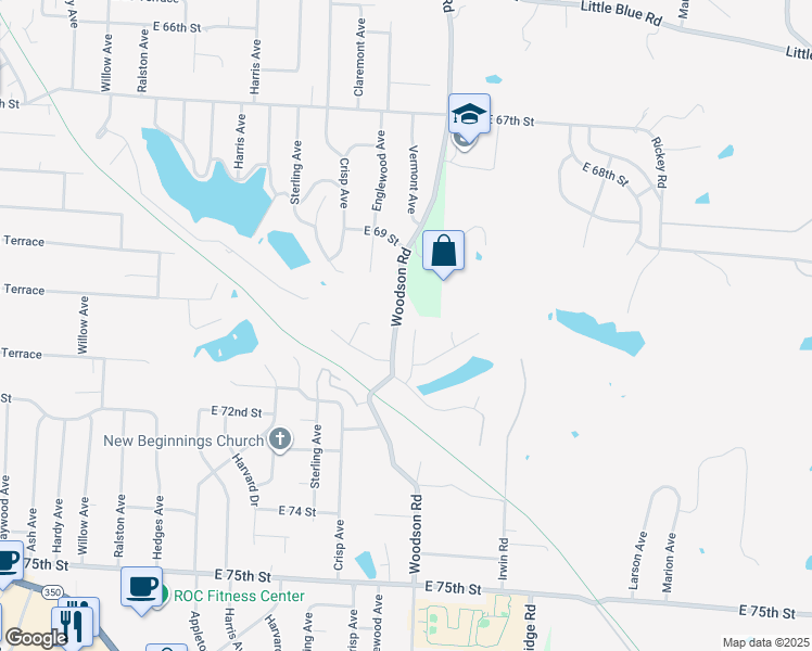 map of restaurants, bars, coffee shops, grocery stores, and more near 7104 Norwood Avenue in Raytown
