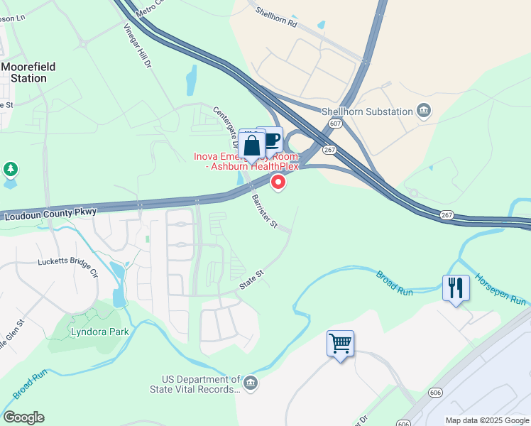 map of restaurants, bars, coffee shops, grocery stores, and more near Barrister Street in Ashburn