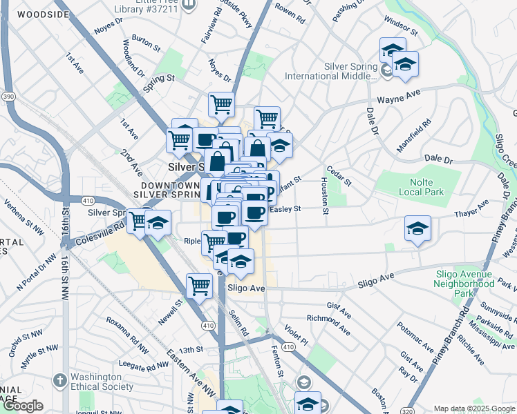 map of restaurants, bars, coffee shops, grocery stores, and more near 900 Bonifant Street in Silver Spring