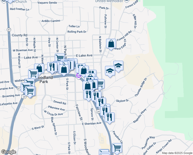 map of restaurants, bars, coffee shops, grocery stores, and more near 109 Boundary Road in Woodland Park