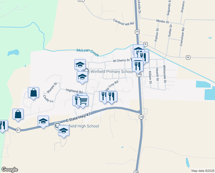 map of restaurants, bars, coffee shops, grocery stores, and more near 213 Old Troy Road in Winfield
