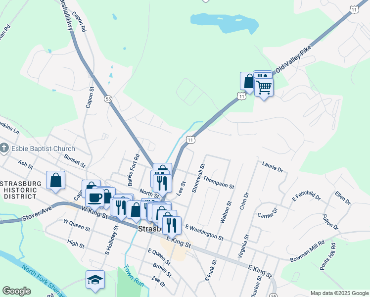 map of restaurants, bars, coffee shops, grocery stores, and more near 496 North Massanutten Street in Strasburg