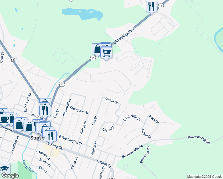 map of restaurants, bars, coffee shops, grocery stores, and more near 162 Abby Lane in Strasburg