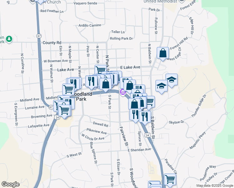 map of restaurants, bars, coffee shops, grocery stores, and more near 70 East Grace Avenue in Woodland Park