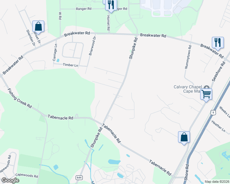 map of restaurants, bars, coffee shops, grocery stores, and more near 611 Shunpike Road in Cape May