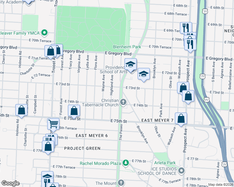 map of restaurants, bars, coffee shops, grocery stores, and more near 7309 The Paseo in Kansas City