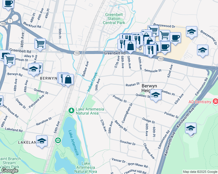map of restaurants, bars, coffee shops, grocery stores, and more near 5625 Ruatan Street in Berwyn Heights
