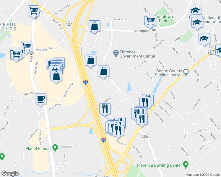 map of restaurants, bars, coffee shops, grocery stores, and more near 7 Miriam Drive in Florence