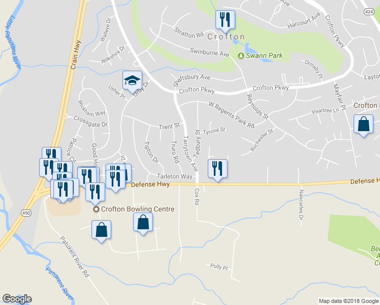 map of restaurants, bars, coffee shops, grocery stores, and more near 1712 Tarrytown Avenue in Crofton